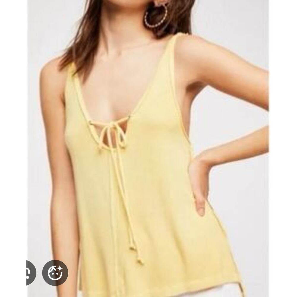 We The Free Ribbed Tie Front Tank Top Yellow Boho Flowy Stretch Size Large Boho